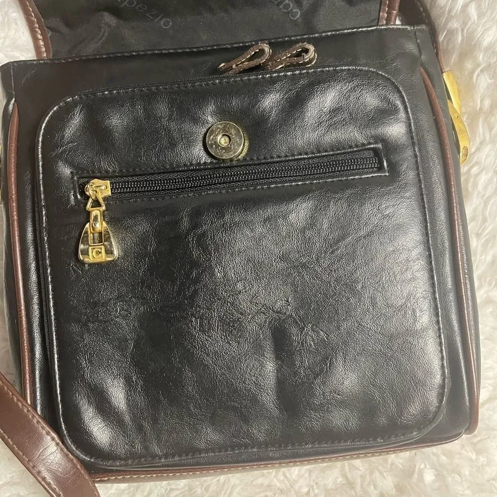 Capezio Black Leather Crossbody Bag with brown trim and gold tone hardwares